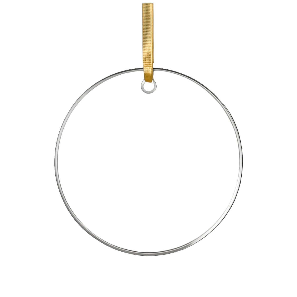 Round clear ornament with a gold hanging strap on a white background